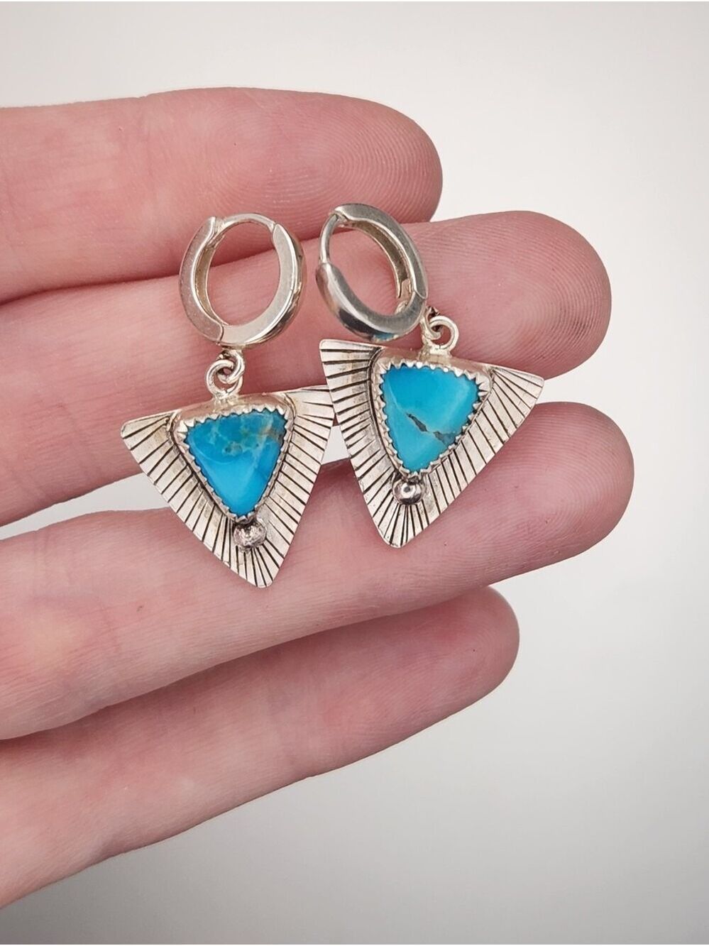 0 Turquoise Triangle Drop Earrings  Sterling Silver Huggies